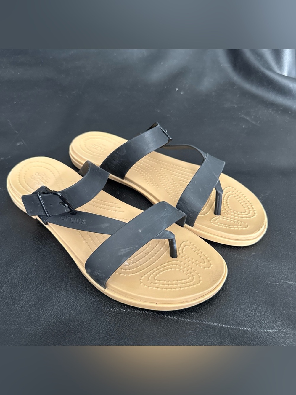 Crocs Tulum Toe Post Toe Sandal Black Tan Women 10 Strappy Slip On Flip Flop